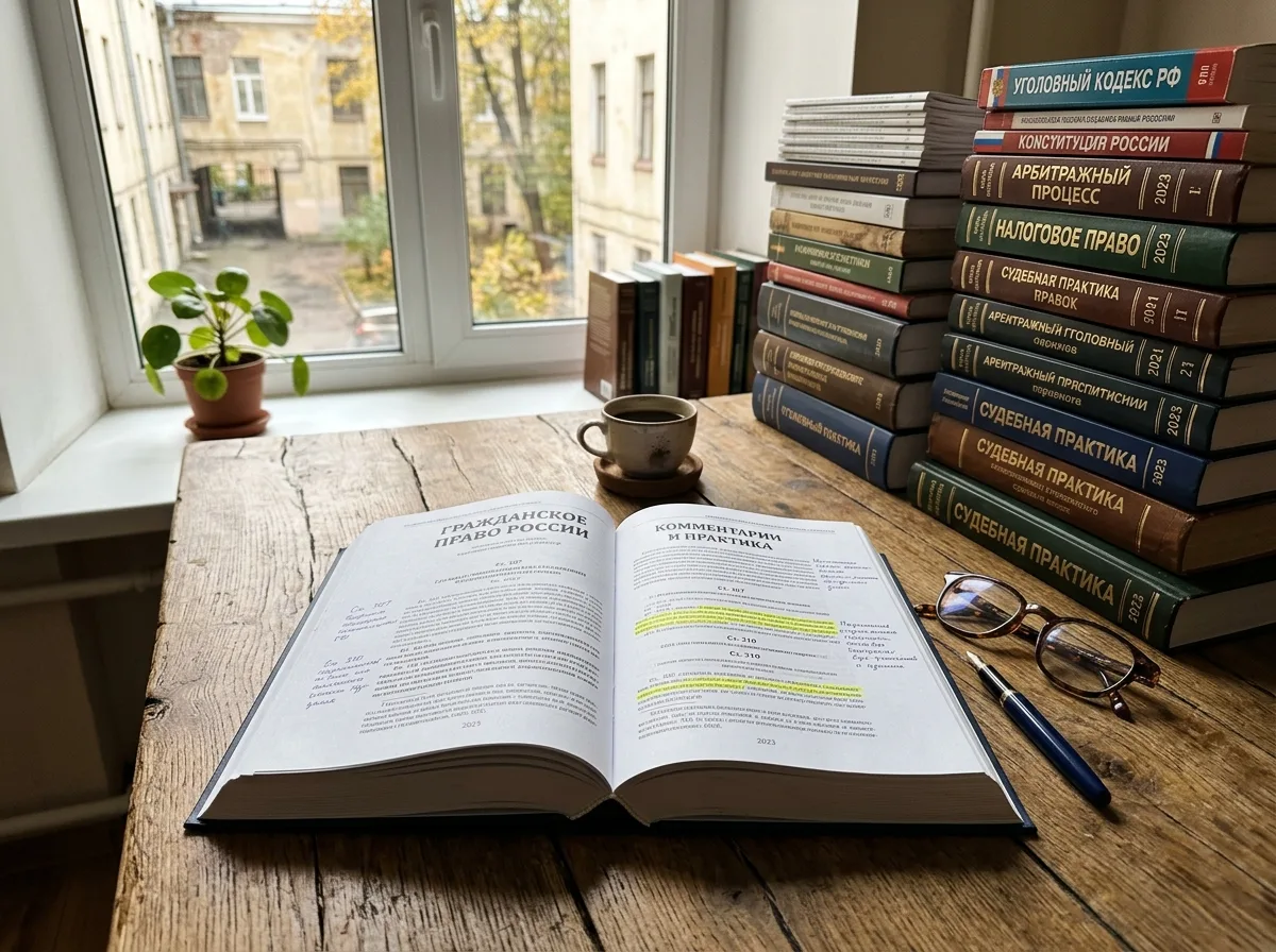 Открытая книга с правовыми текстами на деревянном столе, рядом стопки юридических изданий, мягкий дневной свет из окна