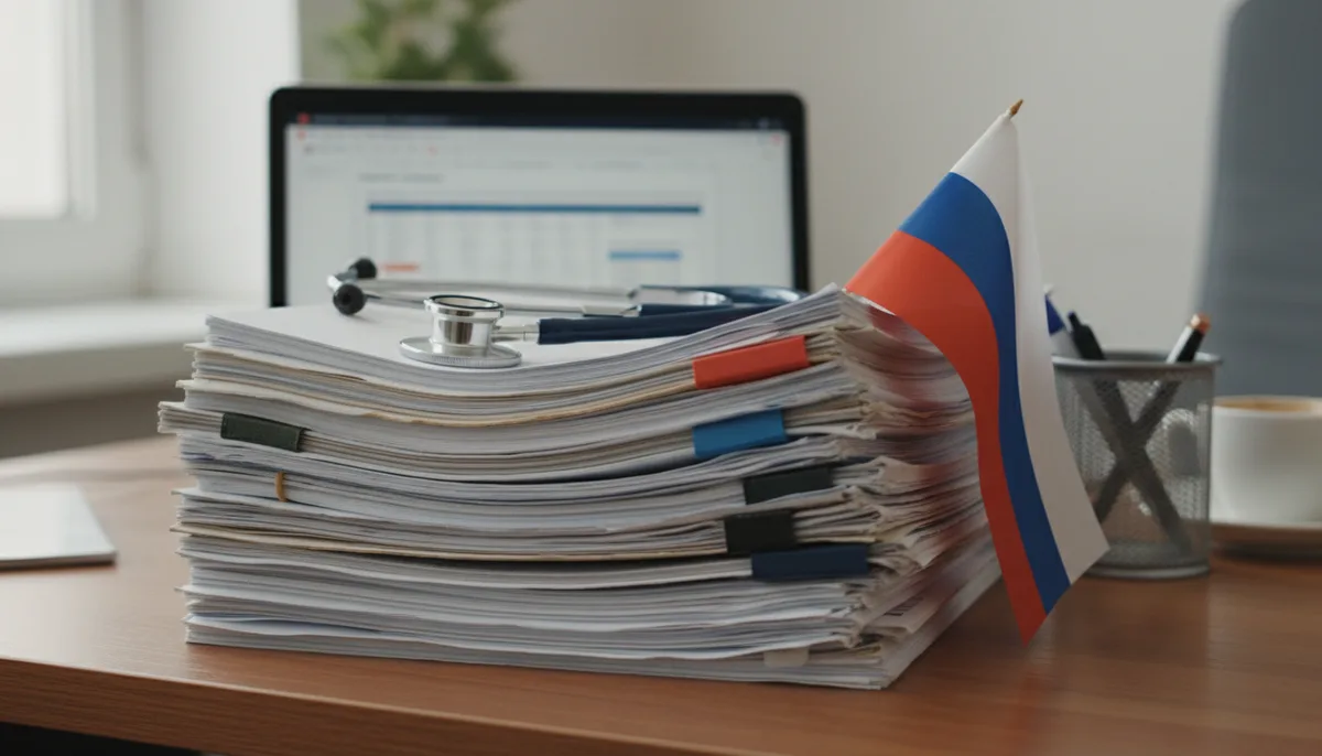 стопка медицинских документов, стетоскоп, российский флаг на рабочем столе врача
