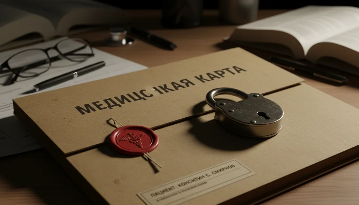 медицинская карта, закрытый замок, папка с печатью на рабочем столе врача