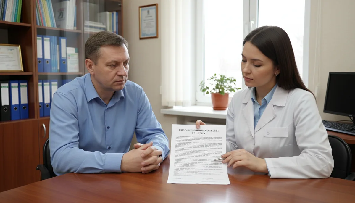 Пациент и врач за столом, документ информированного согласия, медицинский кабинет