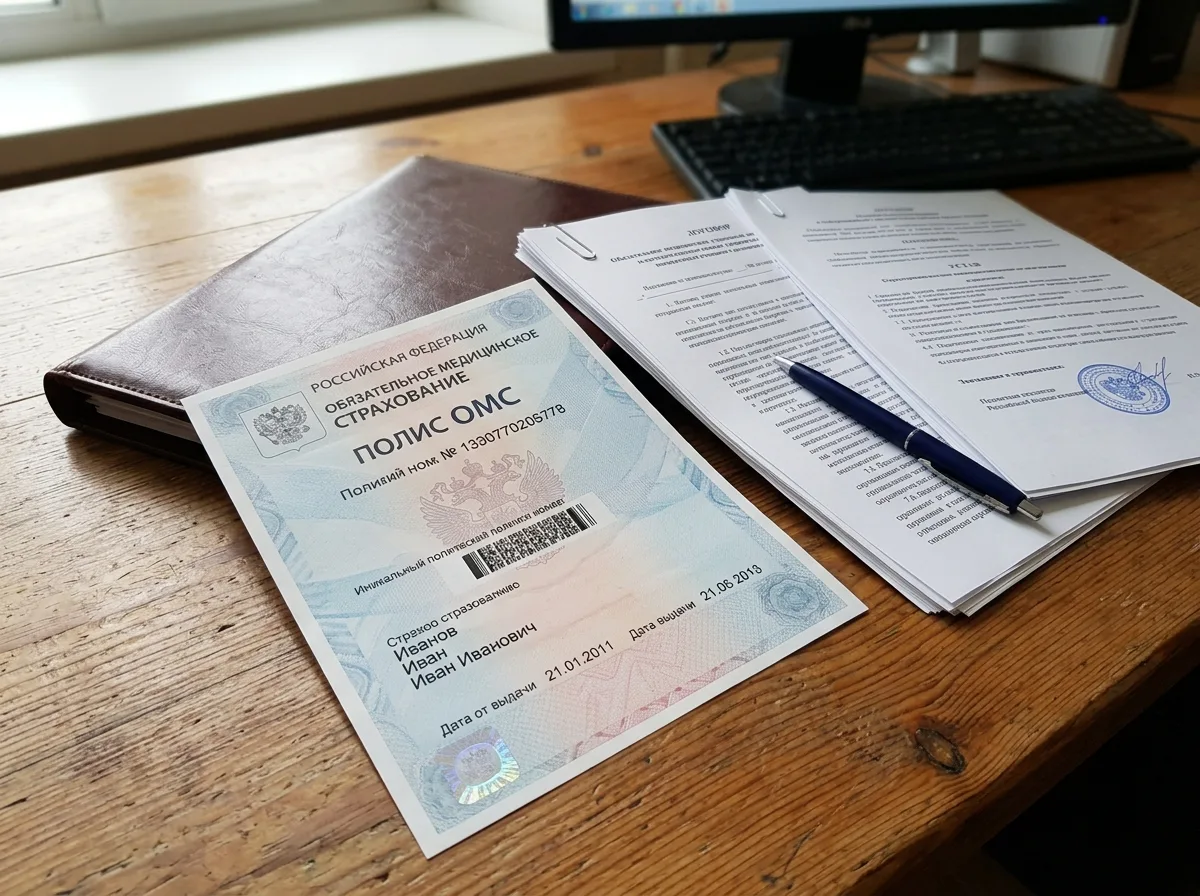 Полис обязательного медицинского страхования России на деревянном столе рядом с юридическими документами