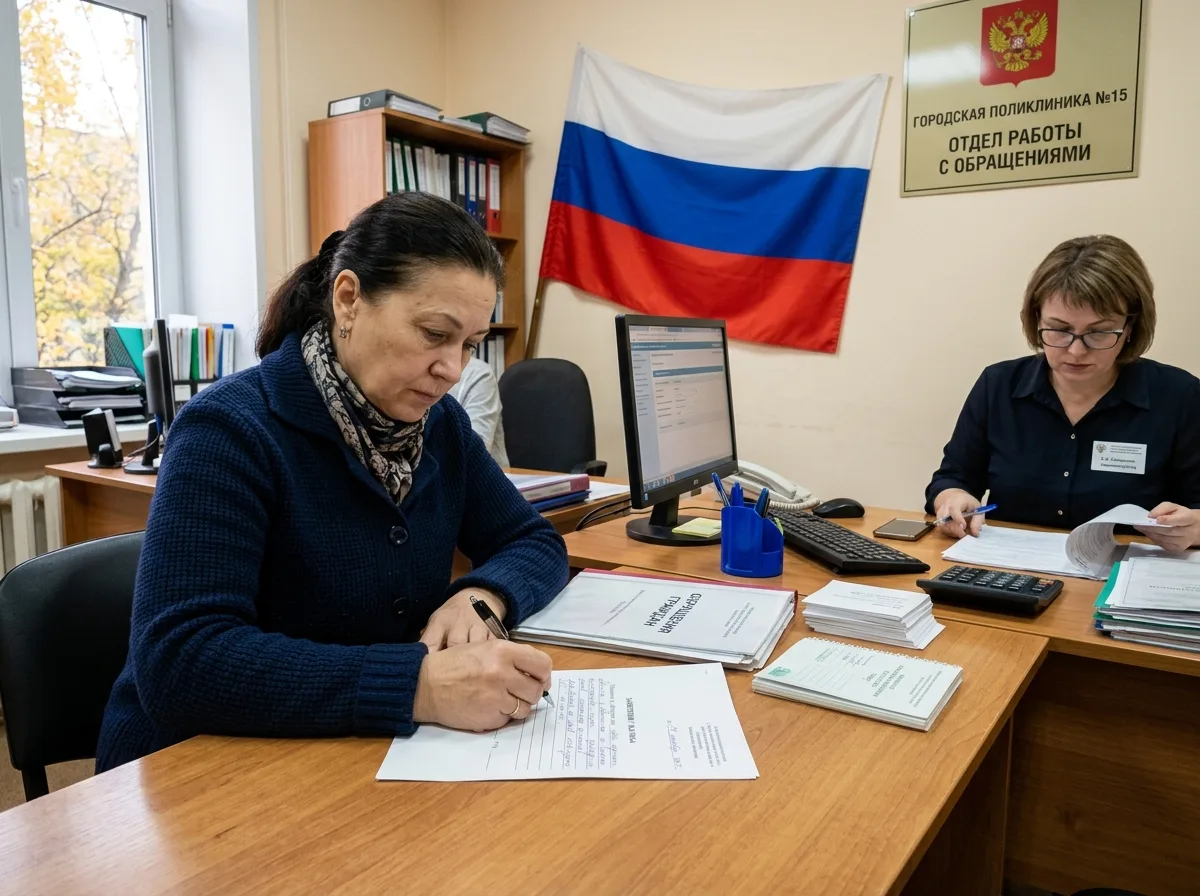 Пациент подаёт жалобу в медицинскую организацию: стол, документы, ручка, бланк обращения, российский флаг на стене кабинета